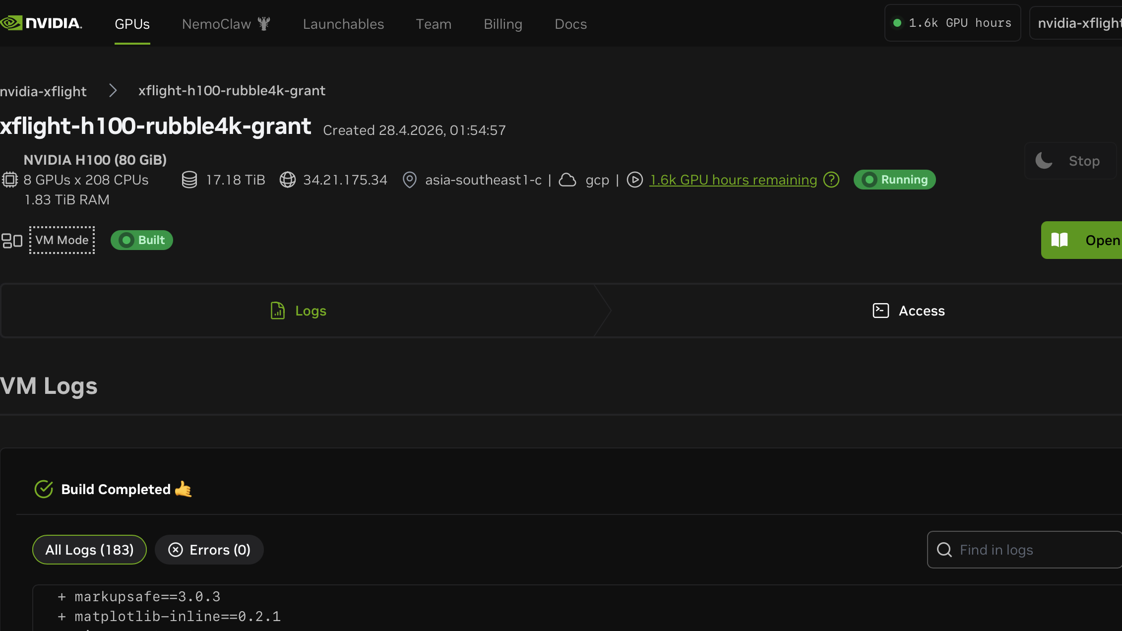 NVIDIA GPU instance and logs interface used for XFLIGHT Scout development